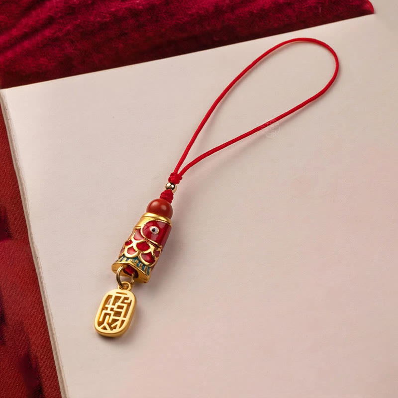 Buddha Stones Koi Fish Cinnabar Attracting Wealth Wish Ruyi Charm Luck Phone Hanging Decoration Phone Hanging Decoration BS 6