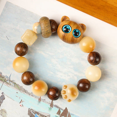 Buddha Stones Natural Bodhi Seed Sandalwood Lucky Cute Cat Head Paw Claw Peace Bracelet Bracelet BS 6