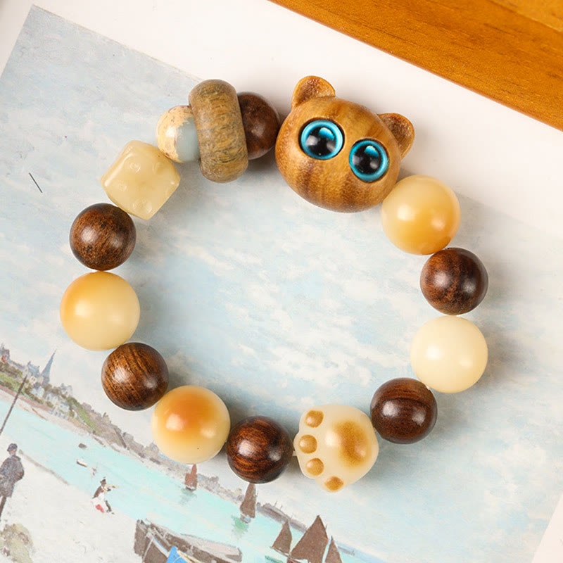 Buddha Stones Natural Bodhi Seed Sandalwood Lucky Cute Cat Head Paw Claw Peace Bracelet Bracelet BS 6