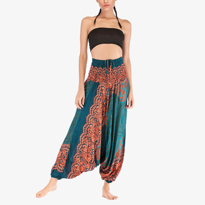 Buddha Stones Two Style Wear Round Geometric Pattern Loose Smocked Harem Trousers Jumpsuit High Waist Women's Yoga Pants Harem Pants&Bodysuit BS 20