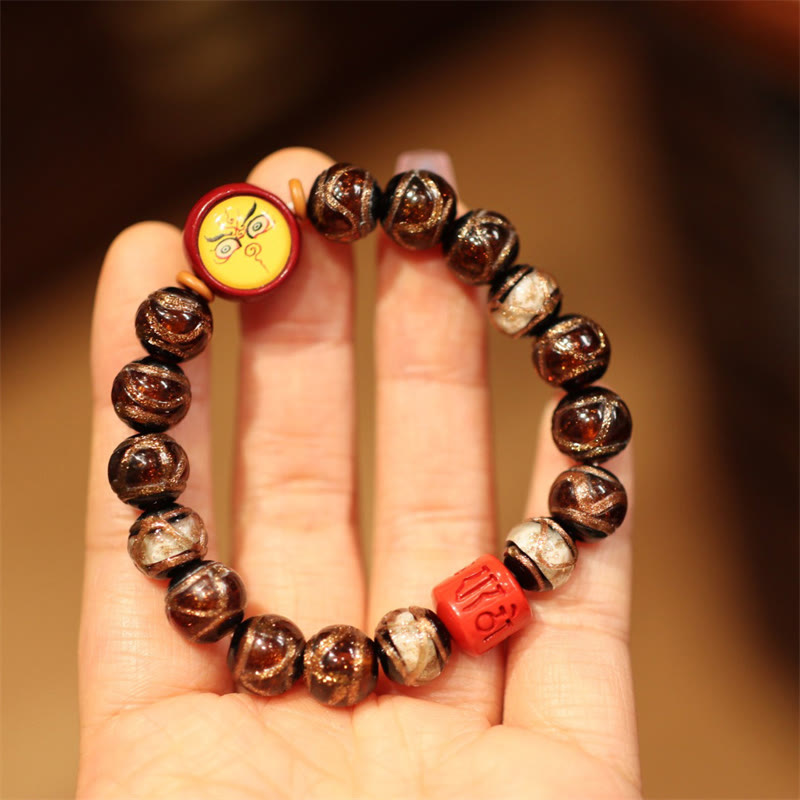 Buddha Stones Tibetan Gold Swallowing Beast Family Five God Of Wealth Thangka Fortune Bead Bracelet Bracelet BS Brown White-Yellow God Of Wealth