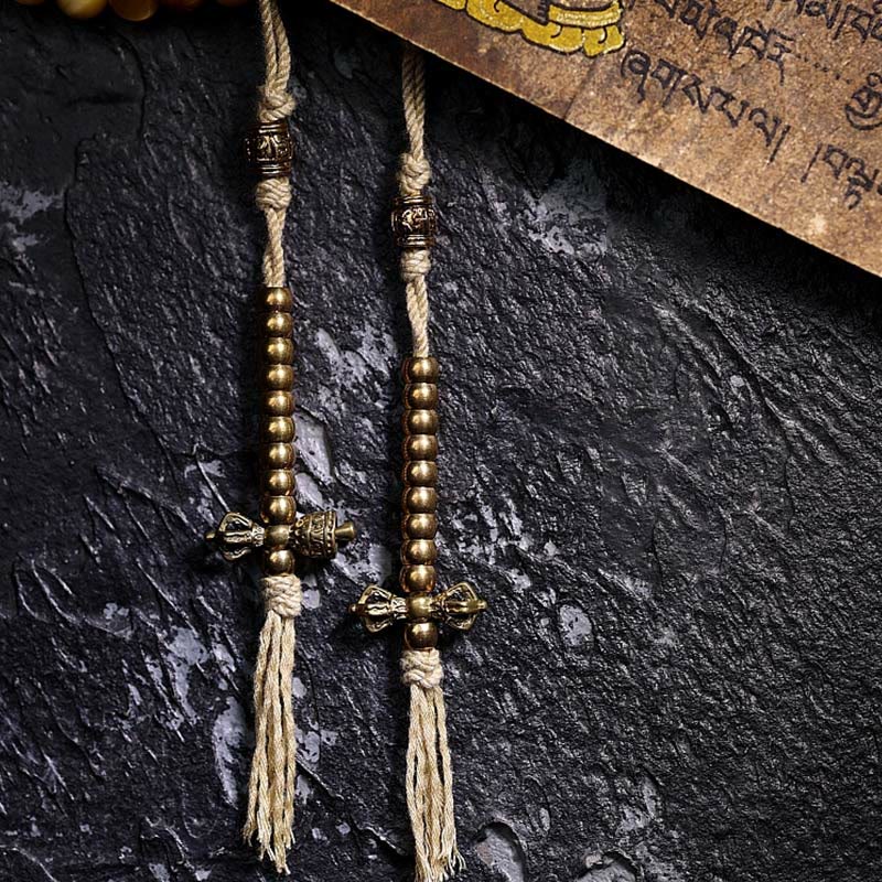 Buddha Stones 108 Mala Beads Natural Tiger Eye Copper Dorje Protection Tassel Bracelet Mala Bracelet BS 5