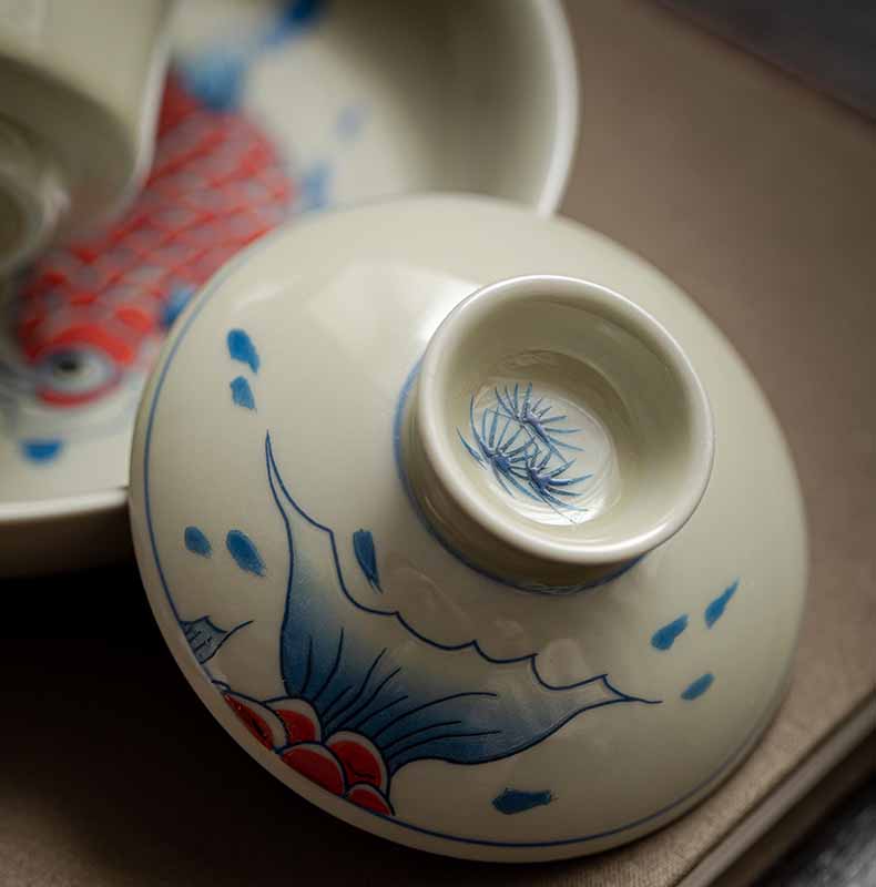 Buddha Stones Koi Fish Arowana Ceramic Gaiwan Sancai Teacup Kung Fu Tea Cup With Lid 130ml Cup BS 6