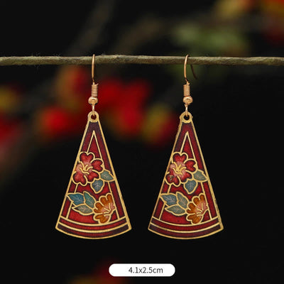 Buddha Stones Lotus Butterfly Flower Alloy Copper Enlightenment Drop Earrings Earrings BS Triangular Red Flower 4.1*2.5cm