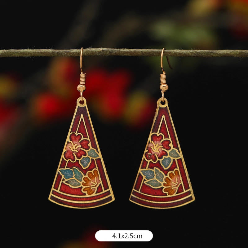 Buddha Stones Lotus Butterfly Flower Alloy Copper Enlightenment Drop Earrings Earrings BS Triangular Red Flower 4.1*2.5cm
