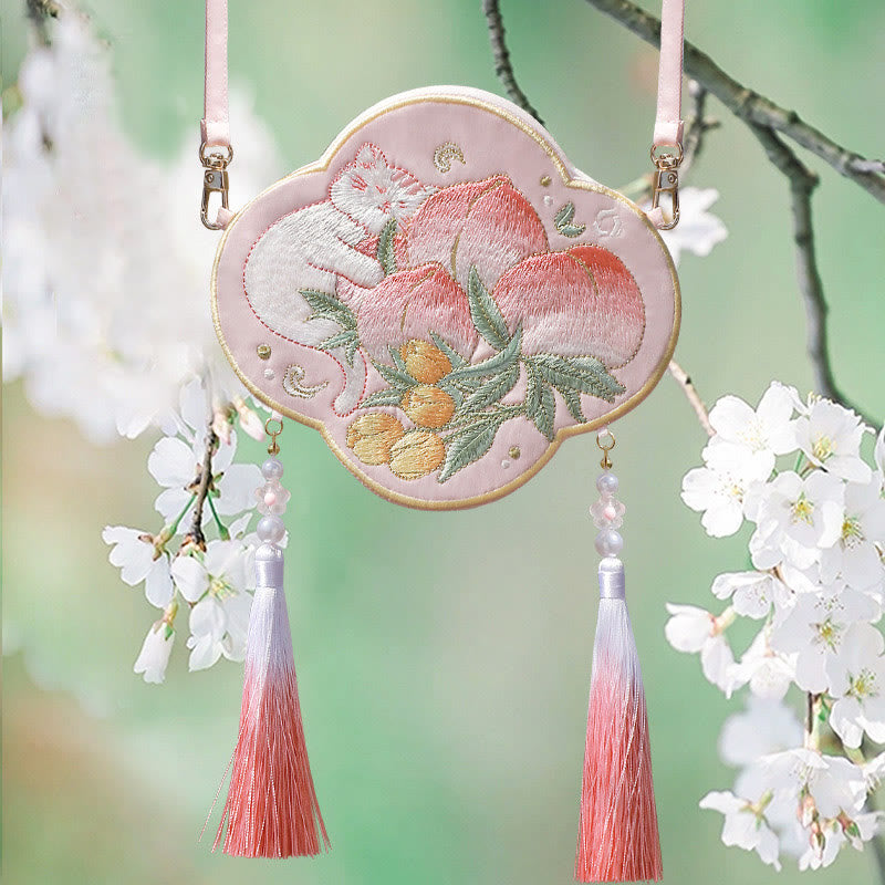 Buddha Stones Embroidery Lucky Panda Cat Shiba Inu Deer Rabbit Fox Flower Cute Animal Hanfu Bag Crossbody Bag Shoulder Bag Bag BS Peach Little Cat