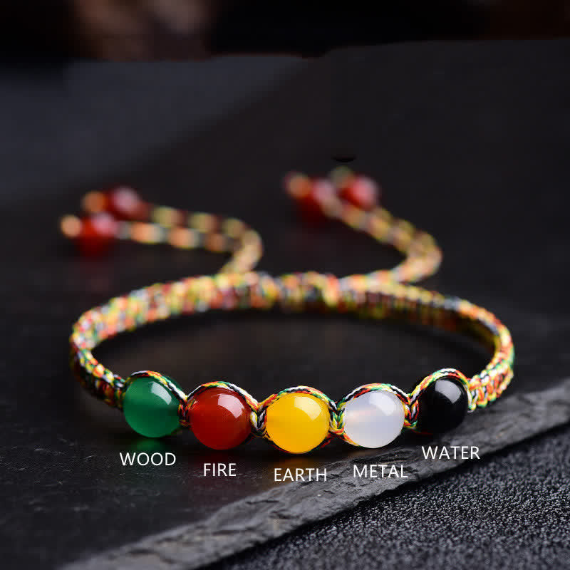 Buddha Stones Colorful Agate Metal Wood Water Fire Earth Five Elements String Bracelet Bracelet BS 2