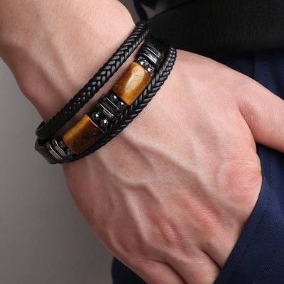 Buddha Stones Tiger Eye Power Magnetic Buckle Multilayered Leather Bracelet Bracelet BS 6