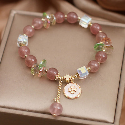 Buddha Stones Strawberry Quartz Lucky Four Leaf Clover Healing Charm Bracelet Bracelet BS 7