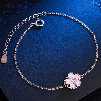 Buddha Stones 925 Sterling Silver Cherry Blossom Blessing Chain Bracelet Rotatable Ring Bracelet BS 2