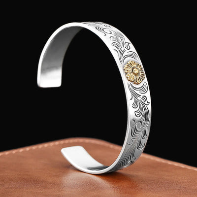 Buddha Stones Tang Dynasty Flower Design Rose Flower Feather Carved Copper Luck Bracelet Bangle Bracelet Bangle BS 1