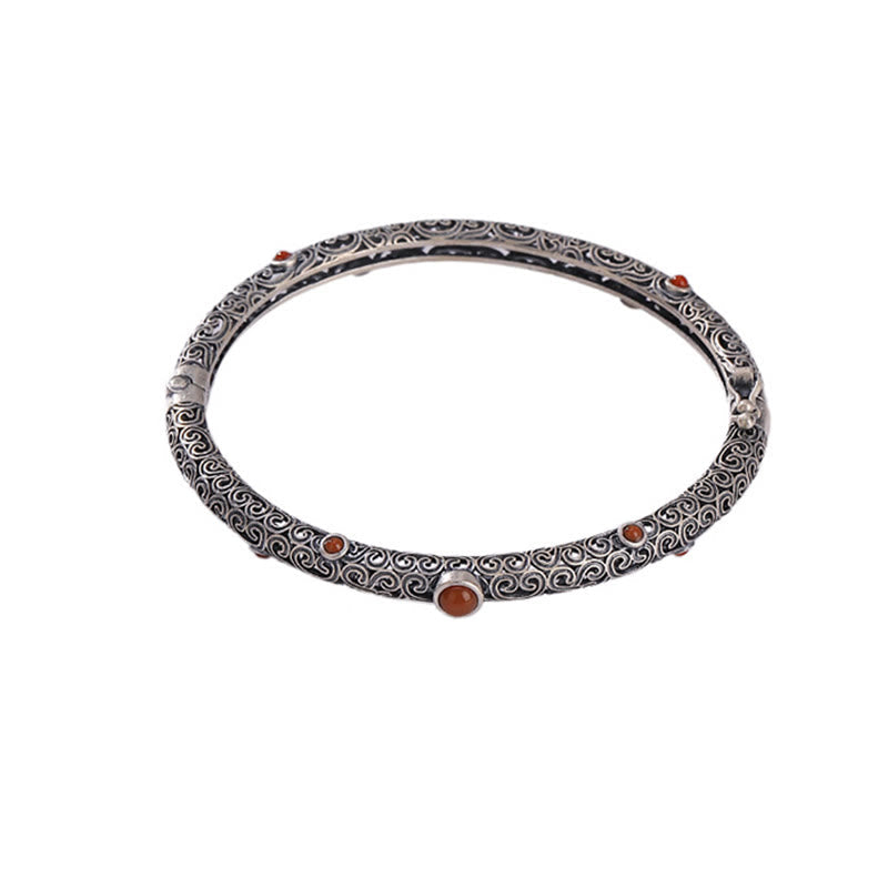 Vintage Tang Dynasty Flower Design Engraved Red Agate Copper Luck Bracelet Bangle - image 15