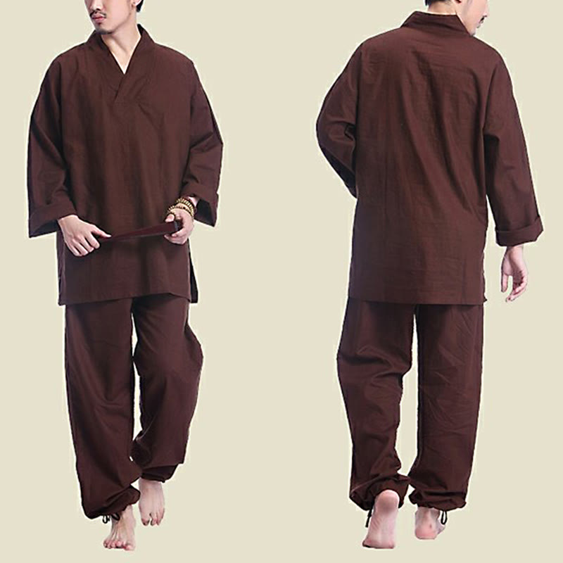 Buddha Stones Meditation Prayer V-neck Design Cotton Linen Spiritual Zen Practice Yoga Clothing Men's Set - image 2