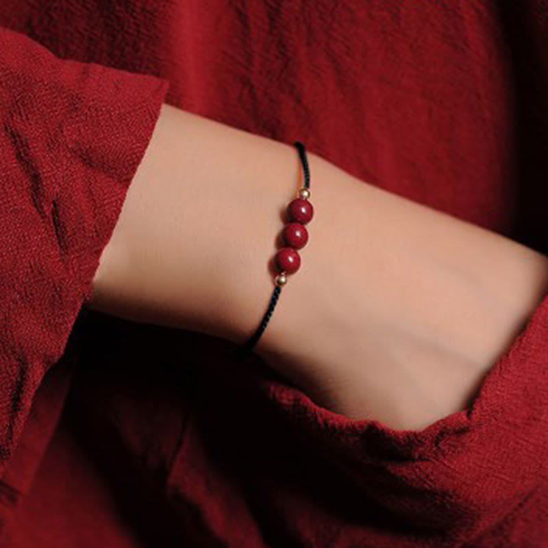 Buddha Stones 14K Gold Plated Natural Cinnabar Blessing String Braided Bracelet Bracelet BS Black(Wrist Circumference 14-15.5cm) Three Cinnabar Beads