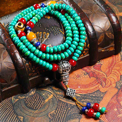 Buddha Stones 108 Mala Beads Tibetan Turquoise Dzi Bead Protection Bracelet Mala Bracelet BS 1