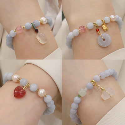 Buddha Stones Natural Aquamarine Chalcedony Serenity Rabbit Gourd Cat Charm Bracelet Bracelet BS main