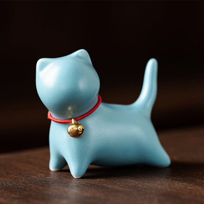 Buddha Stones Mini Small Cute Cat Tea Pet Ceramic Home Desk Figurine Decoration Decorations BS Standing Cat 5*2.5*4.5cm Blue