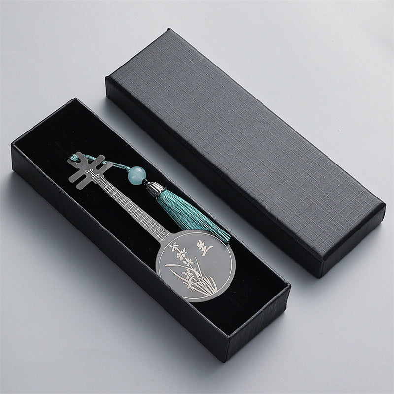 Buddha Stones Classical Musical Instruments Pipa Guzheng Guqin Ruan Metal Bookmarks Tassel With Gift Box Bookmarks BS Black Ruan-Gift Box