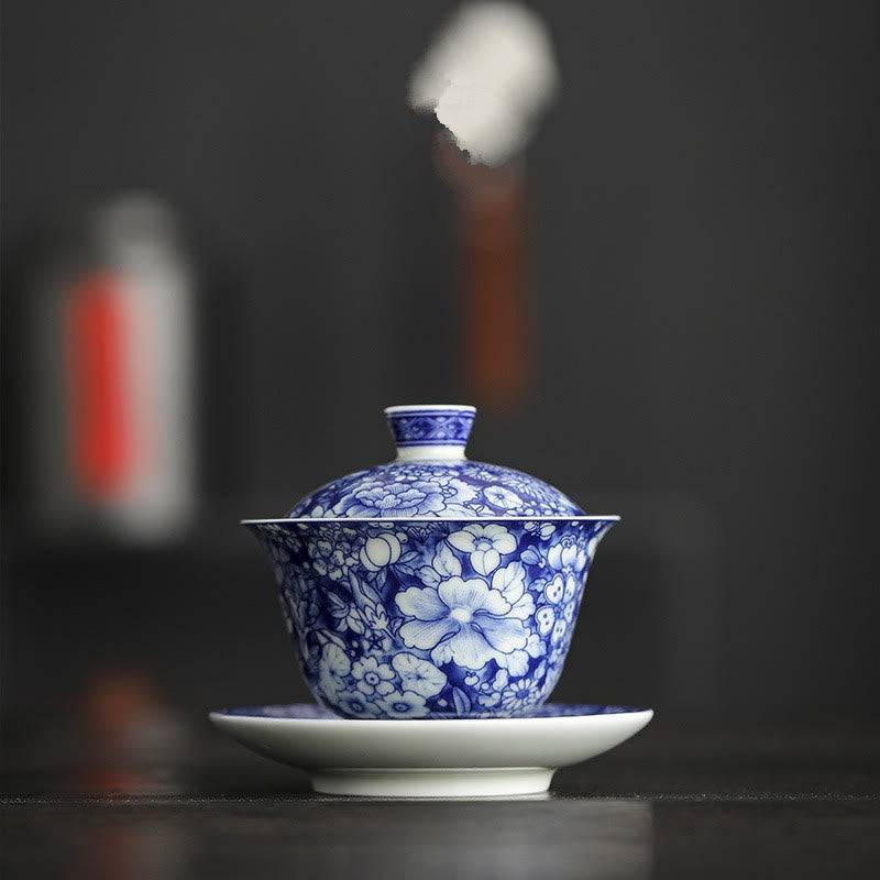 Buddha Stones Vintage Blue And White Porcelain Ceramic Gaiwan Sancai Teacup Kung Fu Tea Cup And Saucer With Lid Cup BS 11.6cm*9.8cm*150ml