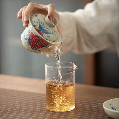 Buddha Stones Koi Fish Arowana Ceramic Gaiwan Sancai Teacup Kung Fu Tea Cup With Lid 130ml Cup BS 9