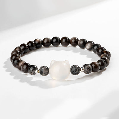 Buddha Stones Natural Silver Sheen Obsidian Cute Cat Head Protection Bracelet Bracelet BS Silver Sheen Obsidian&White Agate(Wrist Circumference 14-15cm)