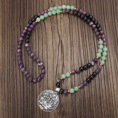 Buddha Stones 108 Mala Beads Amethyst Green Aventurine Lotus Meditation Bracelet - image 1