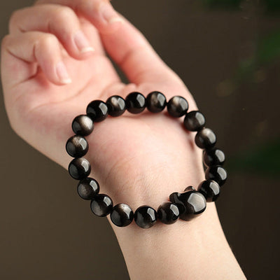 Foviel Gold Sheen Obsidian Silver Sheen Obsidian Lovely Paw Lucky Cat Protection Bracelet
