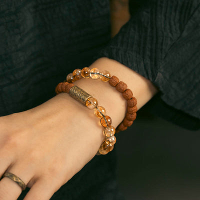Buddha Stones Natural Citrine Crystal Rudraksha Bodhi Seed Brass Bead Prosperity Double Wrap Bracelet Bracelet BS 3