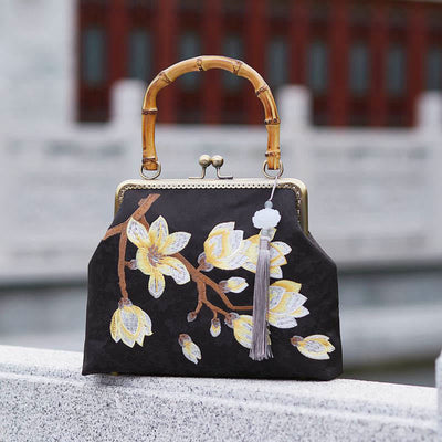 Buddha Stones Plum Blossom Embroidery Bamboo Handle Handbag Crossbody Bag Crossbody Bag&Handbags BS Plum Blossom Black 23*7*26cm