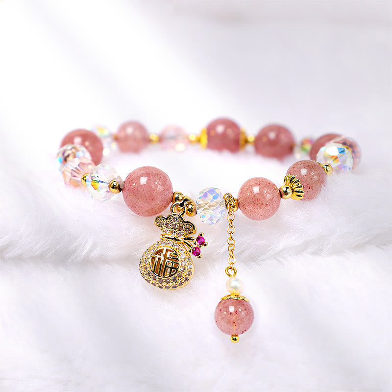 Buddha Stones Natural Strawberry Quartz Crystal Money Bag Charm Positive Bracelet Bracelet BS 3