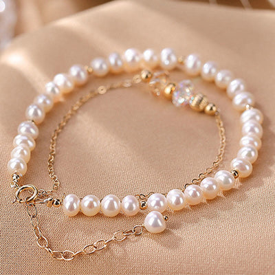 Buddha Stones 925 Sterling Silver 14K Gold Plated Natural Pearl Crystal Healing Double Layer Bracelet Bracelet BS 6