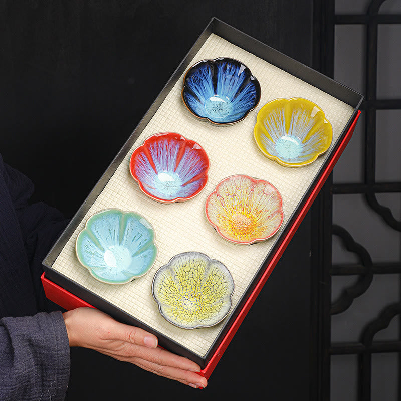 Buddha Stones 6Pcs Plum Blossom Petal Pattern Chinese Jianzhan Kiln Change Ceramic Teacup Kung Fu Tea Cup Bowl With Gift Box Jian Zhan Tea Cup BS 2