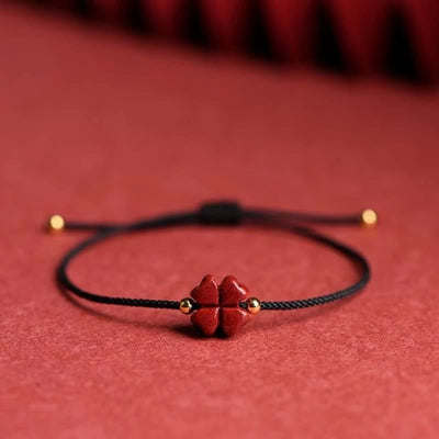 Buddha Stones Natural Cinnabar Four Leaf Clover Blessing Red String Bracelet Anklet Bracelet BS Black Anklet(Anklet Circumference 21-27cm) With Golden Bead