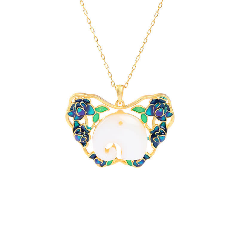 Buddha Stones White Jade Elephant Butterfly Lotus Success Necklace Chain Pendant Necklaces & Pendants BS 5