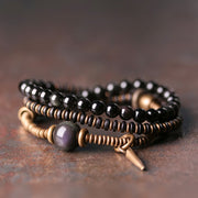 Foviel Rainbow Obsidian Ebony Wood Copper Healing Triple Wrap Bracelet