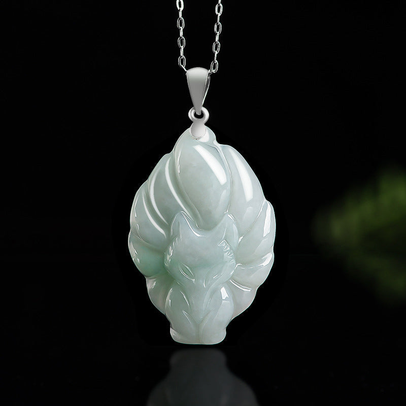 Buddha Stones Natural Jade Nine Tailed Fox Prosperity Titanium Steel Chain Necklace Pendant - Jade(Prosperity♥Abundance) - image 0