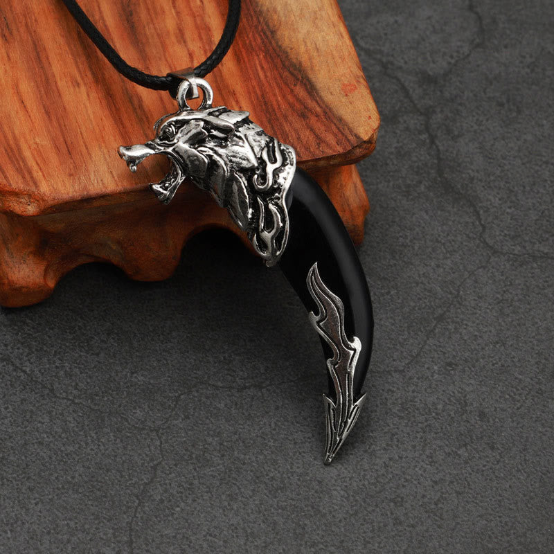 Buddha Stones Imitation Wolf Tooth Titanium Steel Balance Necklace Pendant Necklaces & Pendants BS Black Imitation Wolf Tooth Leather Rope