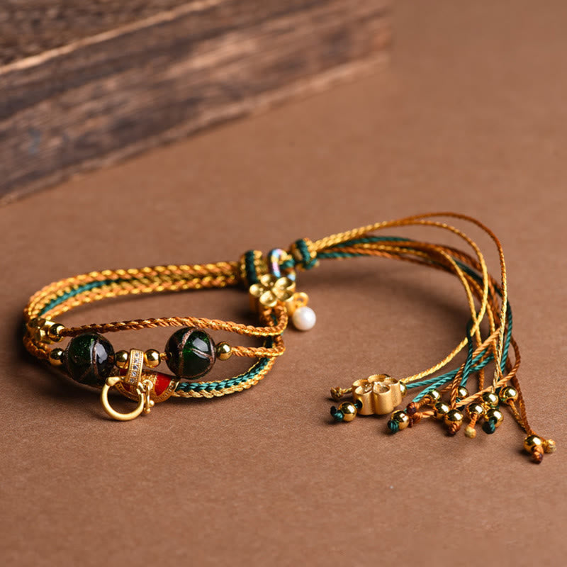 Buddha Stones Tibetan Handmade Rope Liuli Glass Bead Braided Multilayered Healing Bracelet Bracelet BS 3