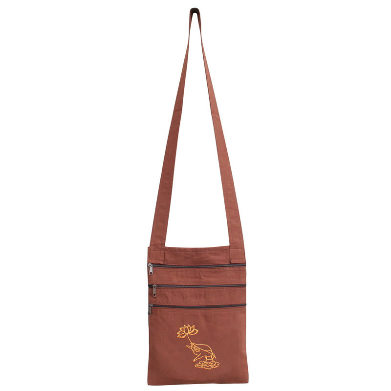 Buddha Stones Spiritual Mind Practice Lotus Embroidered Cotton Shoulder Bag Crossbody Bag - Brown Lotus Flower Spiritual Practice Bag - image 3