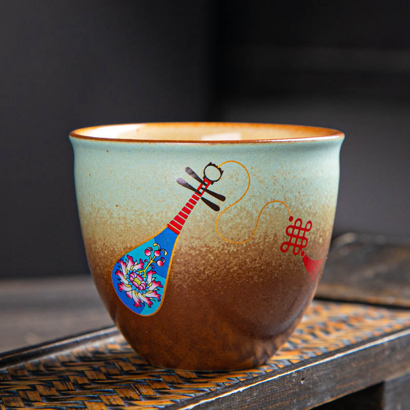 Buddha Stones Colorful Deer Pipa Snow Plum Blossoms Mountains Rivers Bird Ceramic Teacup Kung Fu Tea Cup Bowl Cup BS 7.5cm*6.5cm*150ml Pipa