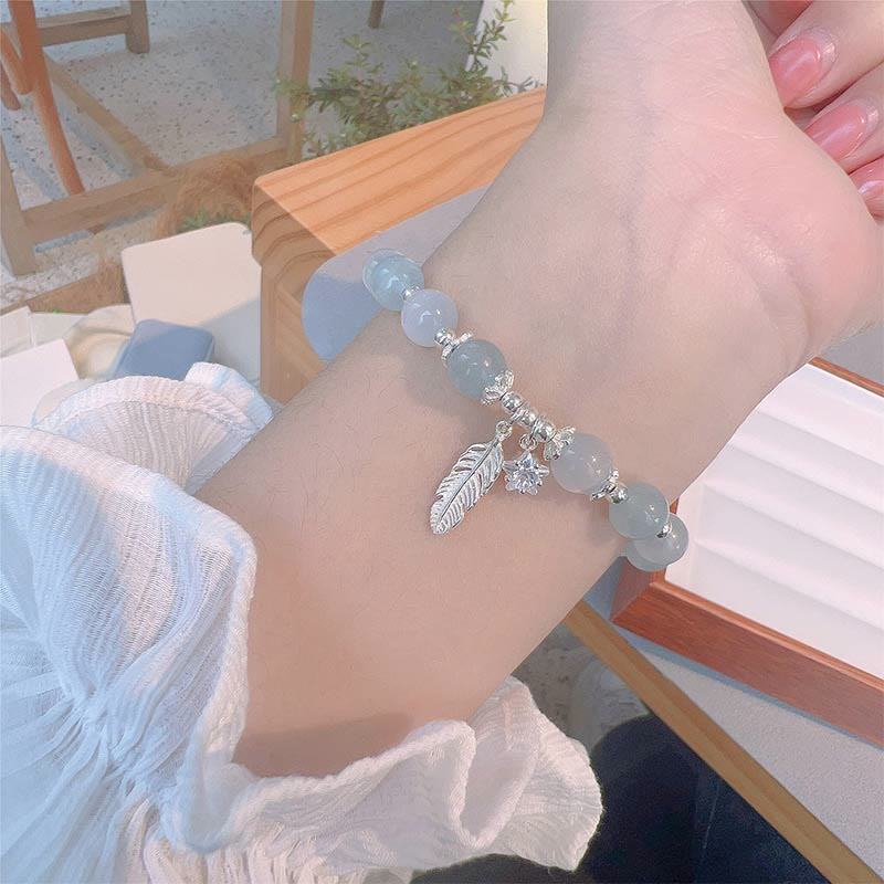 Buddha Stones 925 Sterling Silver Aquamarine Cat's Eye Healing Feather Star Charm Bracelet - image 5