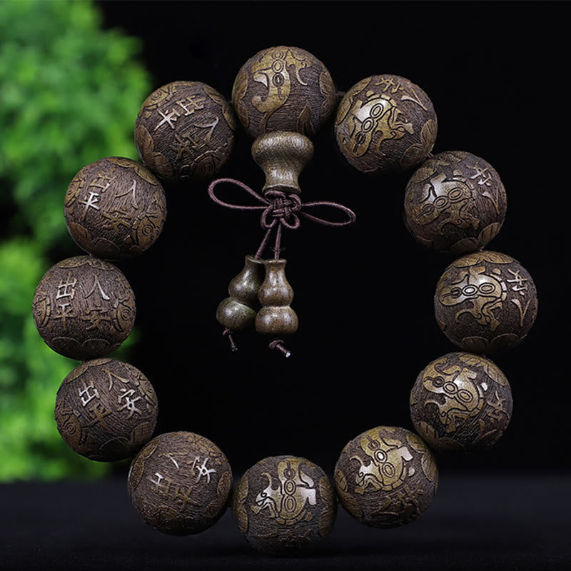 Foviel Chinese Zodiac Rosewood Ebony Copper Coin PiXiu Carved Warmth Bracelet