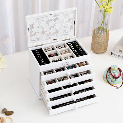 Buddha Stones Vintage Plum Blossom Carved Wooden Jewelry Box Six-Layer Jewelry Storage Box Jewelry Box BS White 30.6*20.6*24.7cm
