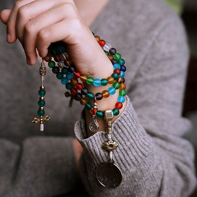 Buddha Stones Tibetan 108 Mala Beads Multicolored Liuli Glass Bead Chinese Zodiac Nine Palaces Eight Diagrams Charm Bracelet Mala Bracelet BS 9