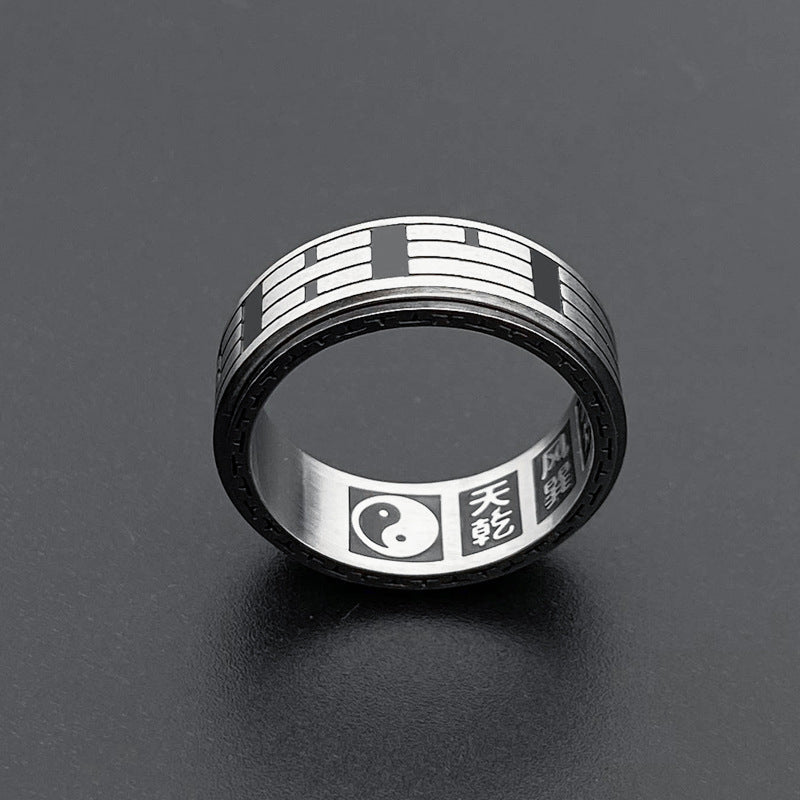Buddha Stones Bagua Yin Yang Titanium Steel Balance Rotatable Ring Ring BS 11