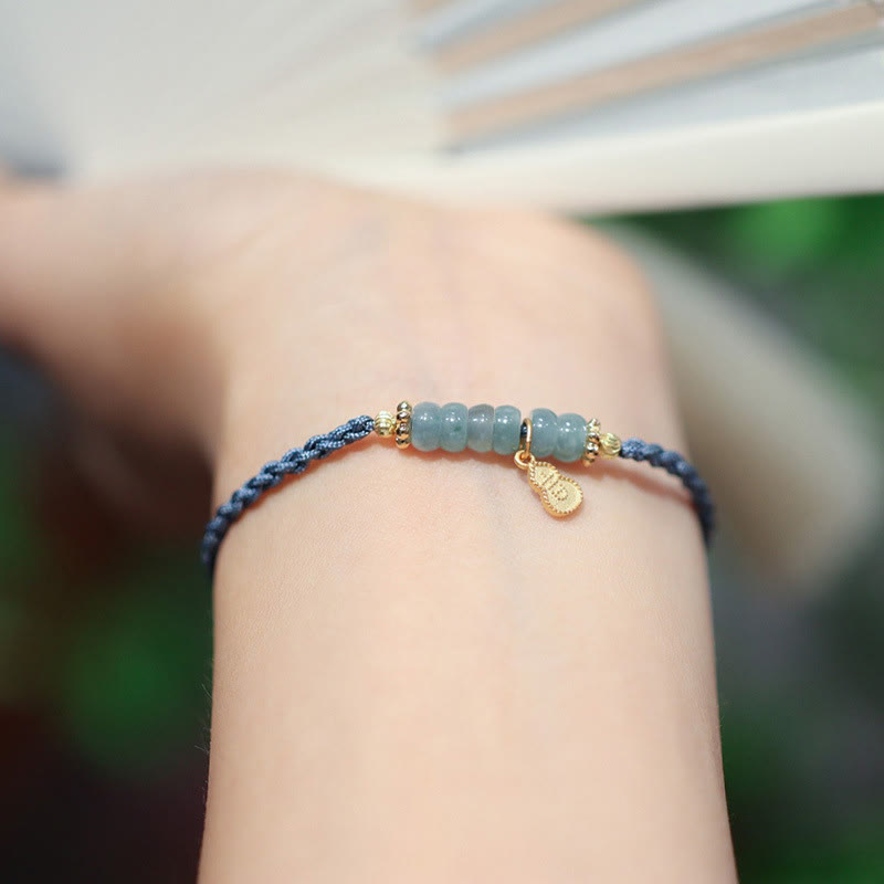 Buddha Stones 925 Sterling Silver Natural Jade Gourd Rutilated Quartz Fu Character Luck Braid Bracelet Bracelet BS 2