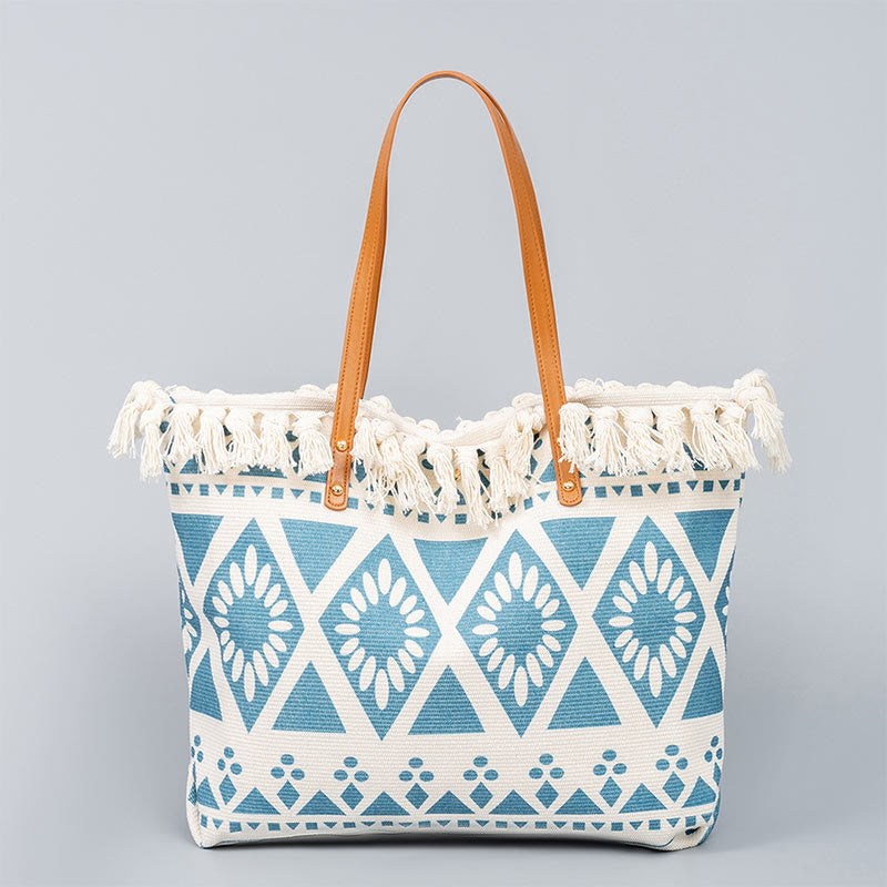Buddha Stones Large Capacity Boho Geometry Print Tassel Canvas Tote Shoulder Bag Shoulder Bag BS Blue Rhombus 50*10*32cm