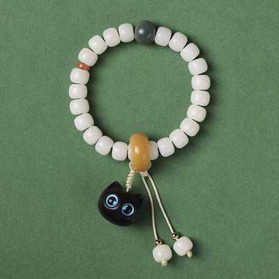 Buddha Stones Natural Bodhi Seed African Blackwood Lovely Cat Charm Peace Harmony Bracelet Bracelet BS Blue Eyes Cat Bodhi Seed