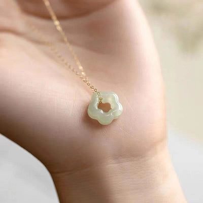 Buddha Stones Dainty Hetian Jade Cyan Jade Luck Floral Charm Necklace Pendant Necklaces & Pendants BS 3