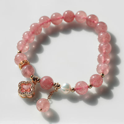Foviel Strawberry Quartz Pearl Four Leaf Clover Charm Healing Bracelet